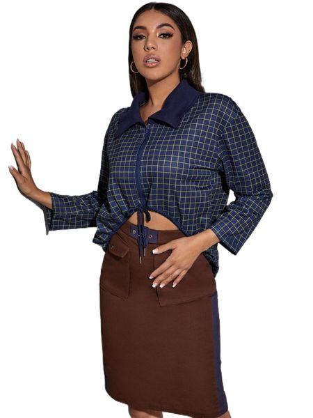 

x elicat grid print zip up drawstring high low hem jacket m65s#, Black;brown