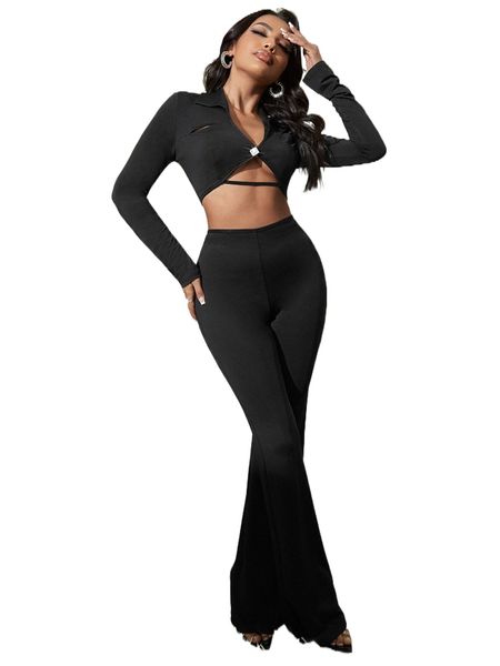 

cut out crop & crisscross back flare leg pants u2cb#, White