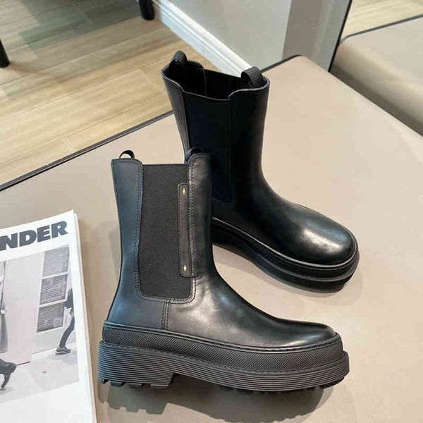 

boots autumn and winter chelsea boots sleeve leather martin middle tube thick bottom short chimney women, Black