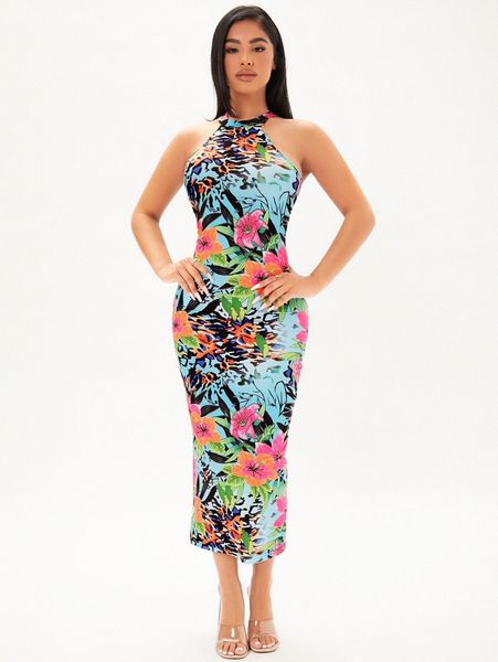 

sxy floral print halter bodycon dress p3du#, Black;gray