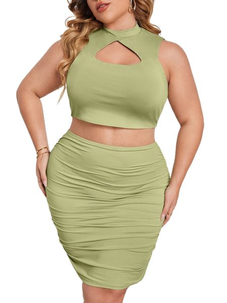 

plus cut out mock neck tank & ruched skirt 210o#, Black