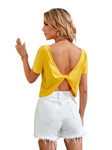 

solid twist back boat neck tee l1zo#, White