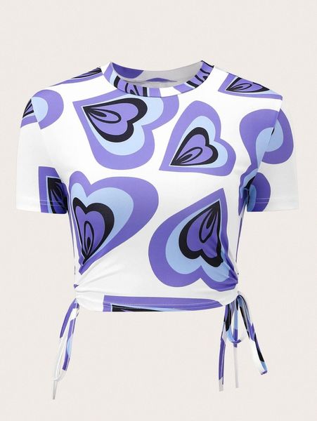 

heart print drawstring hem tee m6kd#, White