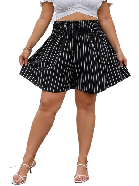 

plus vertical striped shirred waist shorts v9qa#, Black