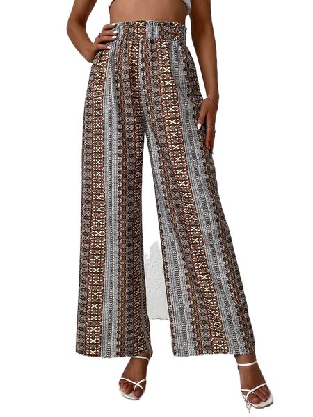 

paperbag waist geo print wide leg pants r7xl#, Black;white