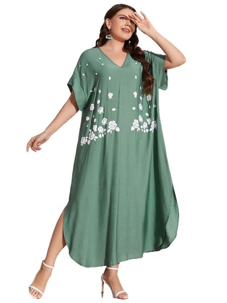 

plus floral print batwing sleeve curved hem dress x1w0#, Black
