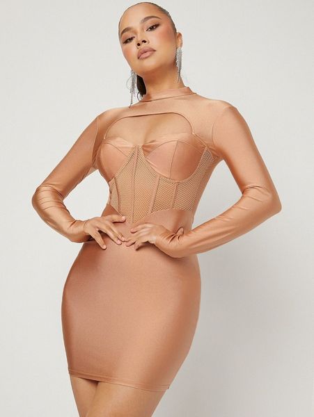 

mock neck cutout front sheer mesh insert dress c6ov#, Black;gray
