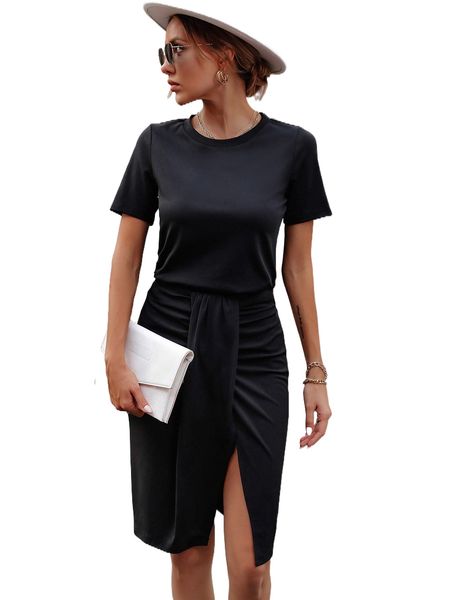 

solid tee & ruched slit skirt b0sn#, White