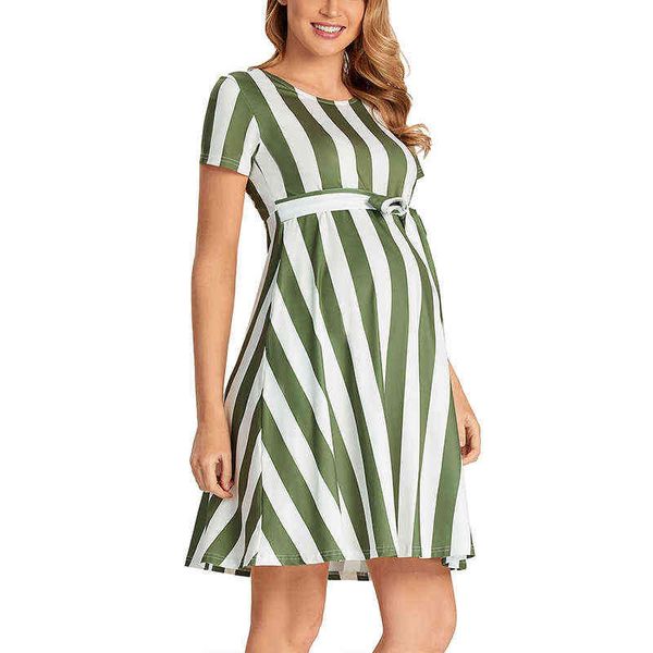 

women's elegant maternity dress summer short sleeve striped pregnancy casual midi flowy loose belt dress with pockets g220309, White