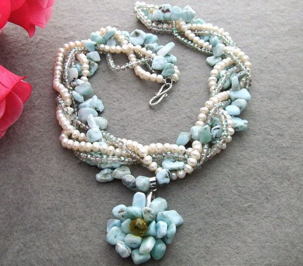 

5 strds pearl larimar crystal pendant necklace, Silver