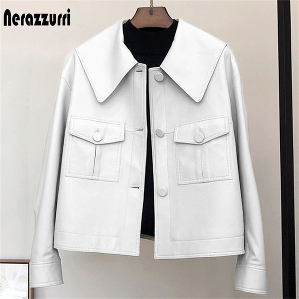 

nerazzurri spring short light white leather jacket for women peter pan collar long sleeve casual leather jackets for women 210923, Black