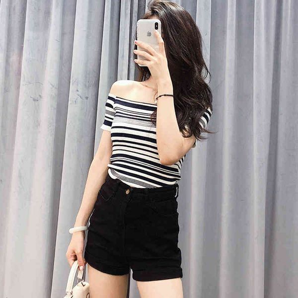 

women's knits & tees spring festival special stripe short sleeve t-shirt with one line collar two wearing methods women's summer c, White