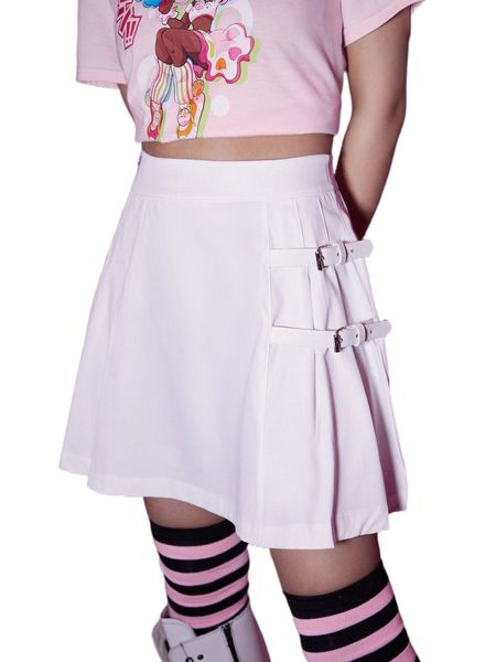 

romwe anime solid buckle skirt c576#, Black