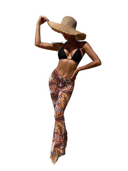 

random tropical print mesh knot front flare leg cover up pants k6kw#, White;black