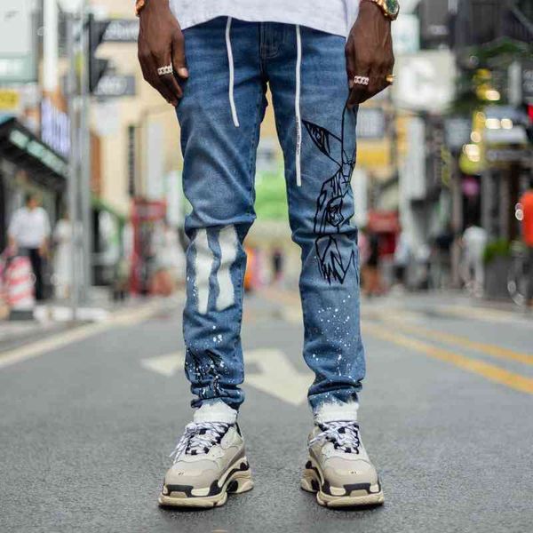 

high street black slim trendy hand painted graffiti show thin versatile men's and women's jeans, Black;white