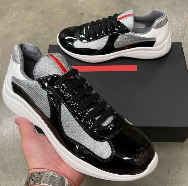

perforation design americas cup men sneakers shoes light flexible rubber sole trainers patent leather technical fabric excellent sports, Black