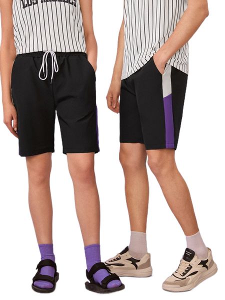 

1pc color block contrast side seam shorts 12mi#, White;black