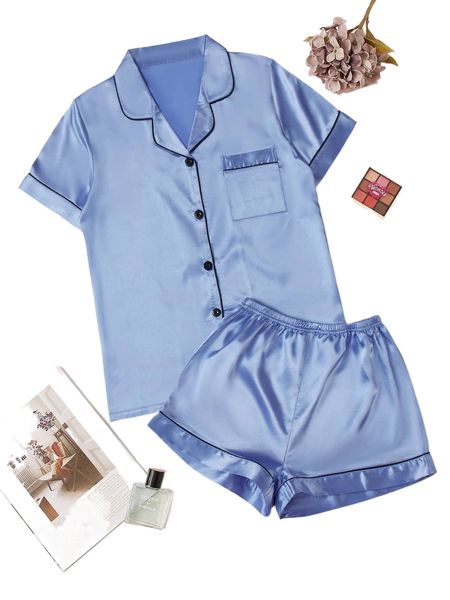 

contrast binding satin pj set l3ti#, Black;red