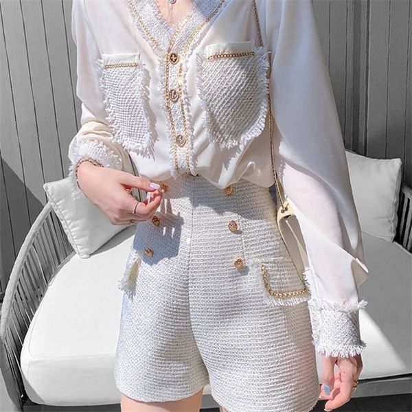 Koreanische Chic Vintage Tweed 2 Stück Sets Frauen Outfits Langarm ChiffonTweed Hemd Top Shorts Sets Mode Zwei Stück Hose anzüge 220719