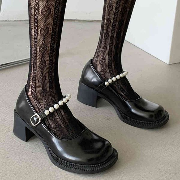 

dress shoes rimocy sweet pearl ankle strap mary janes women large round nose square heel pumps woman black gothic buckle lolita female 22041