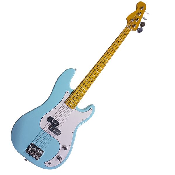 

4 strings blue electric bass guitar with maple fretboard white pickguard