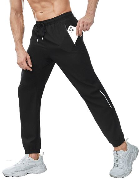 

men drawstring waist slant pockets sports pants a7x3#, Black