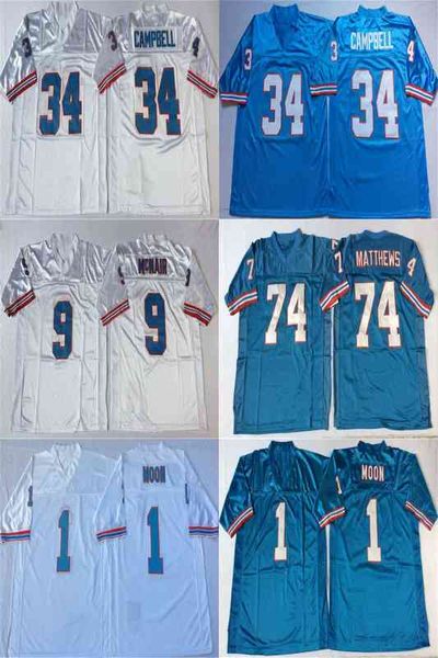 Seltene 1 Warren Moon Jersey Herren 9 Steve McNair 74 Bruce Matthews 34 Earl Campbell Blau Weiß Retro Fußballtrikots genäht