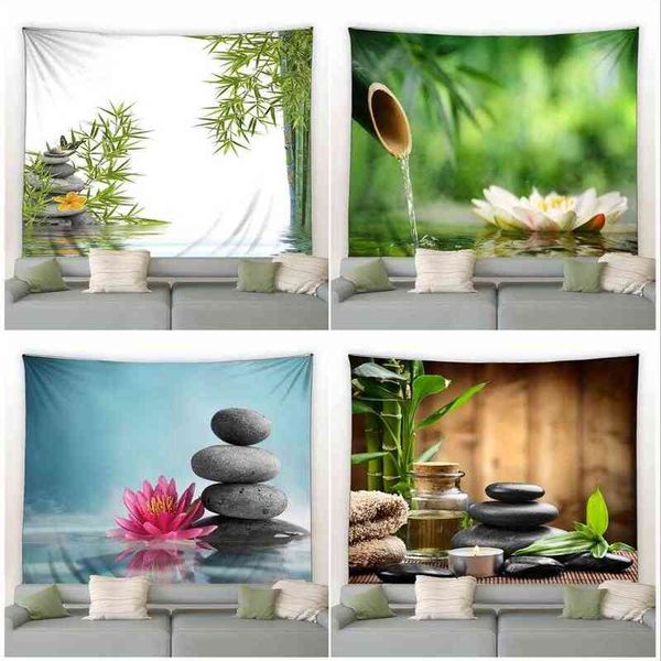 Wandteppich, Zen-Spa-Wandteppich, grüner Bambus, schwarzer Stein, Wasser, Lotusgartenlandschaft