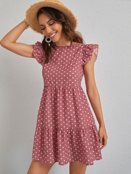 

ruffle trim polka dot smock dress t1g5#, Black;gray