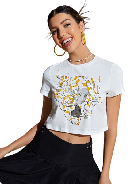 

x squid house figure graphic crop tee a945#, White