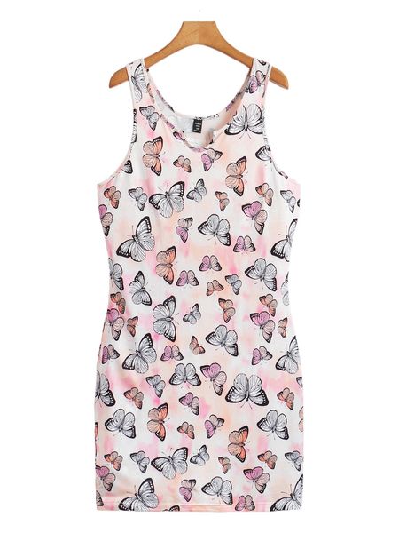 

plus tie dye butterfly print tank dress 6569#, Black