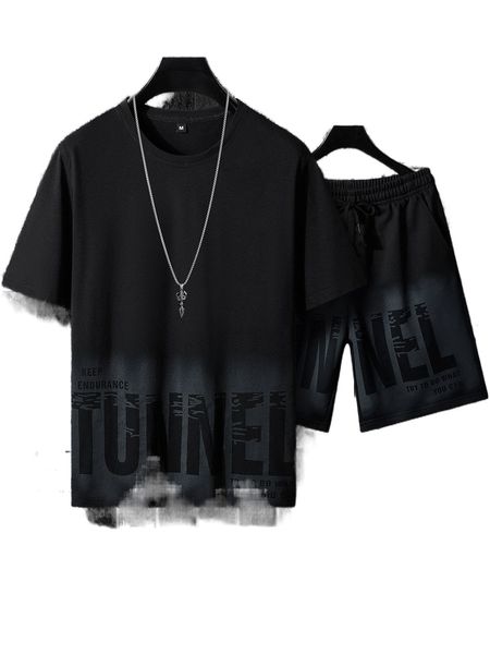 

men slogan graphic tee & drawstring waist shorts q1sj#, Gray