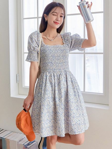 

dazy ditsy floral print shirred puff sleeve dress r0m1#, Black;gray