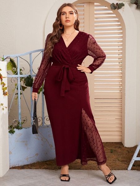 

plus polka dot mesh bodice belted godet hem dress d273#, Black