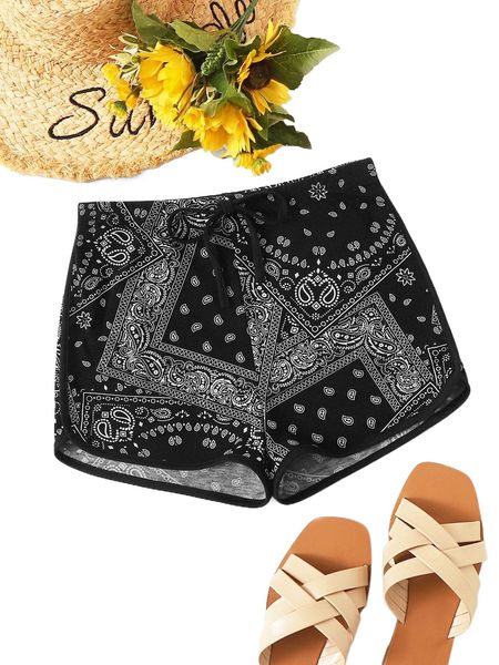 

paisley print drawstring dolphin shorts f3ob#, White;black