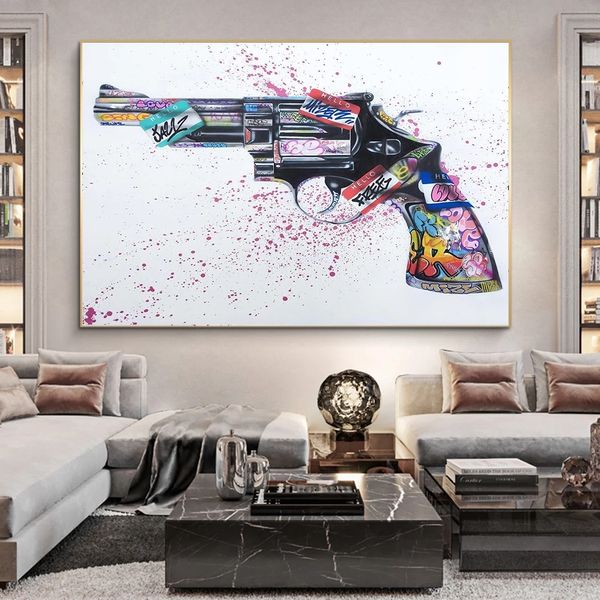 Tela Graffiti Art Creativo Pistola Arte Tela Pittura Cuadros Poster Stampa Wall Art for Living Room Home Decor (No Frame)