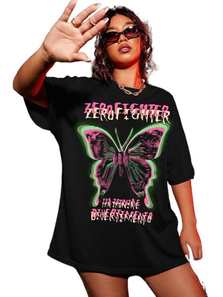 

plus butterfly & slogan print drop shoulder tee h9dm#, Black
