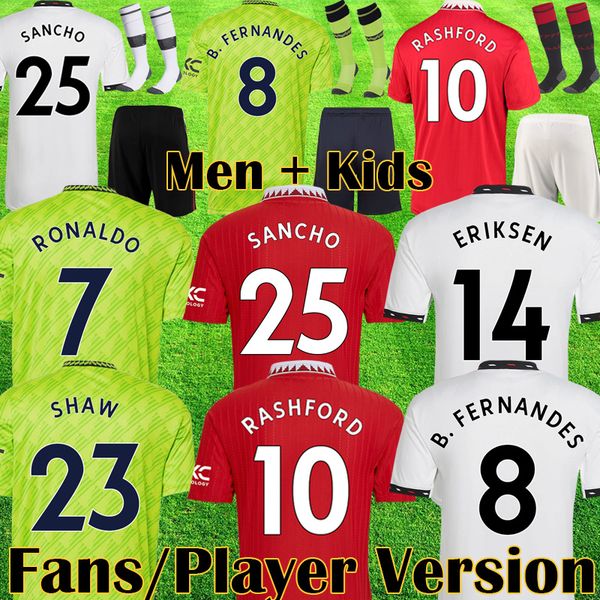 

2022 2023 sancho player version manchester utd soccer jerseys eriksen varane bruno fernandes mans utds rashford jersey kids kit football shi, Black;yellow