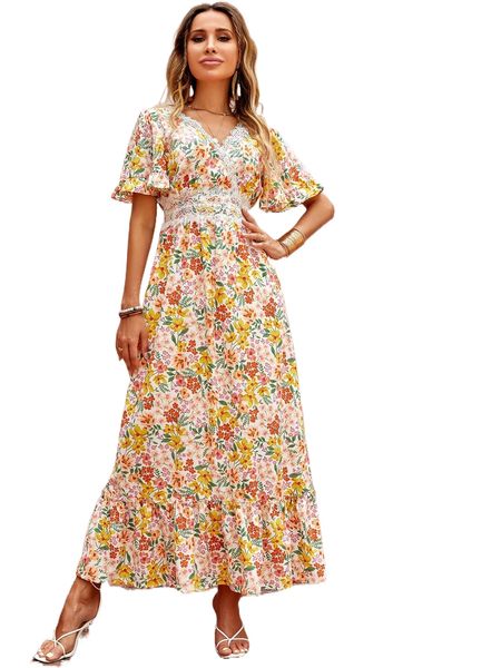 

allover floral print lace trim ruffle hem dress p9eq#, Black;gray