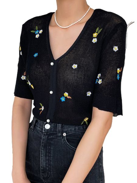 

dazy floral embroidery pearls front tee x3gr#, White