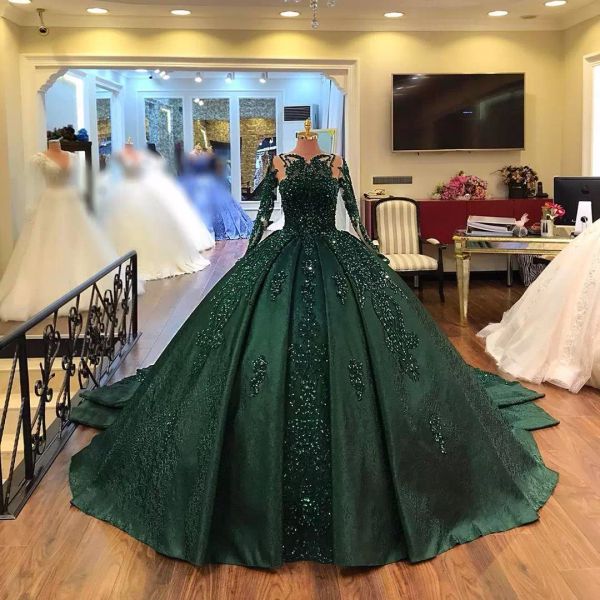 

2022 dark green red quinceanera dresses with long sleeves lace applique beaded satin floor length pleats sweet 15 16 birthday ball gown cust, Blue;red