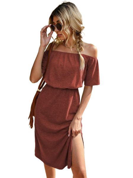 

solid off shoulder split thigh dress 87ix#, Black;gray