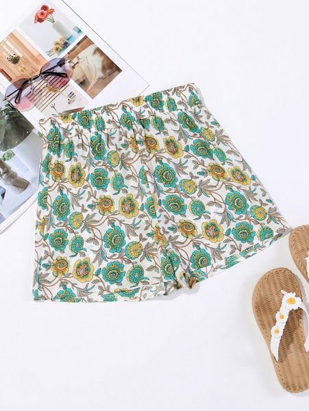 

allover floral print elastic waist shorts e0gj#, White;black