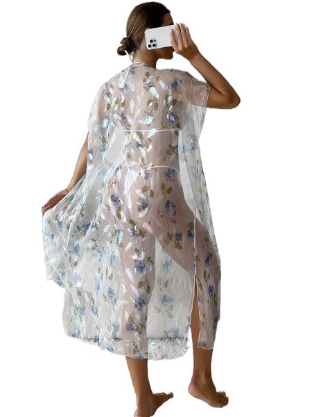 

floral print batwing sleeve split hem kimono p6k9#, White;black