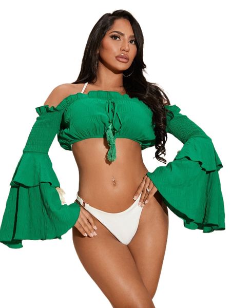 

sxy off shoulder tassel tie shirred flounce sleeve crop blouse q3m5#, White