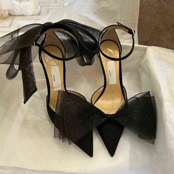 

summer new bow knot pointed high heeled pumps women's stilettos with shallow mouth ladies fairy wind one word belt sandals 220520, Black