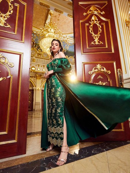 

embroidery floral off shoulder shirred cuff slit dress 89su#, Black;gray