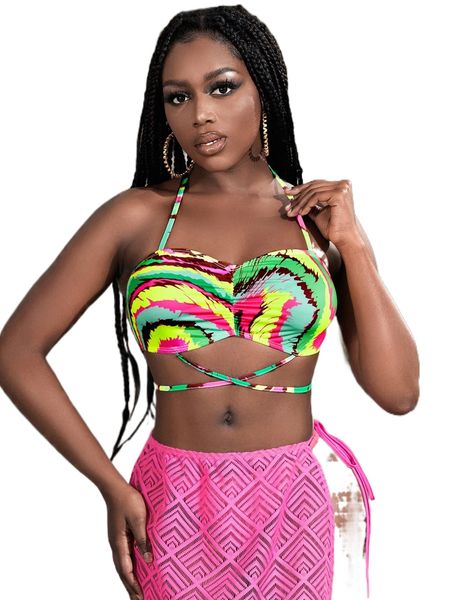 

allover print ruched bust crisscross halter t1mv#, White