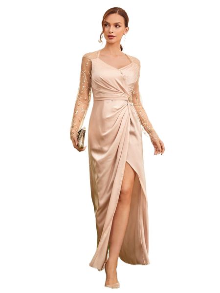 

floral embroidered lace split thigh satin dress 79gb#, Black;gray