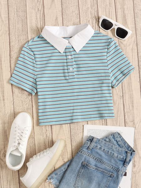 

striped print contrast collar tee d8mw#, White